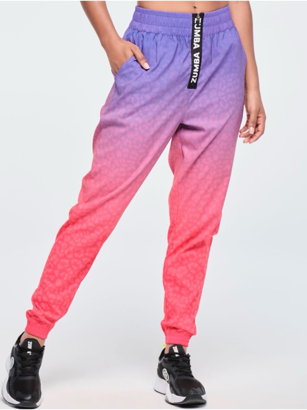 Zumba Fitness Ombre Leopard Funscape High Waisted Zip Front Track Pants